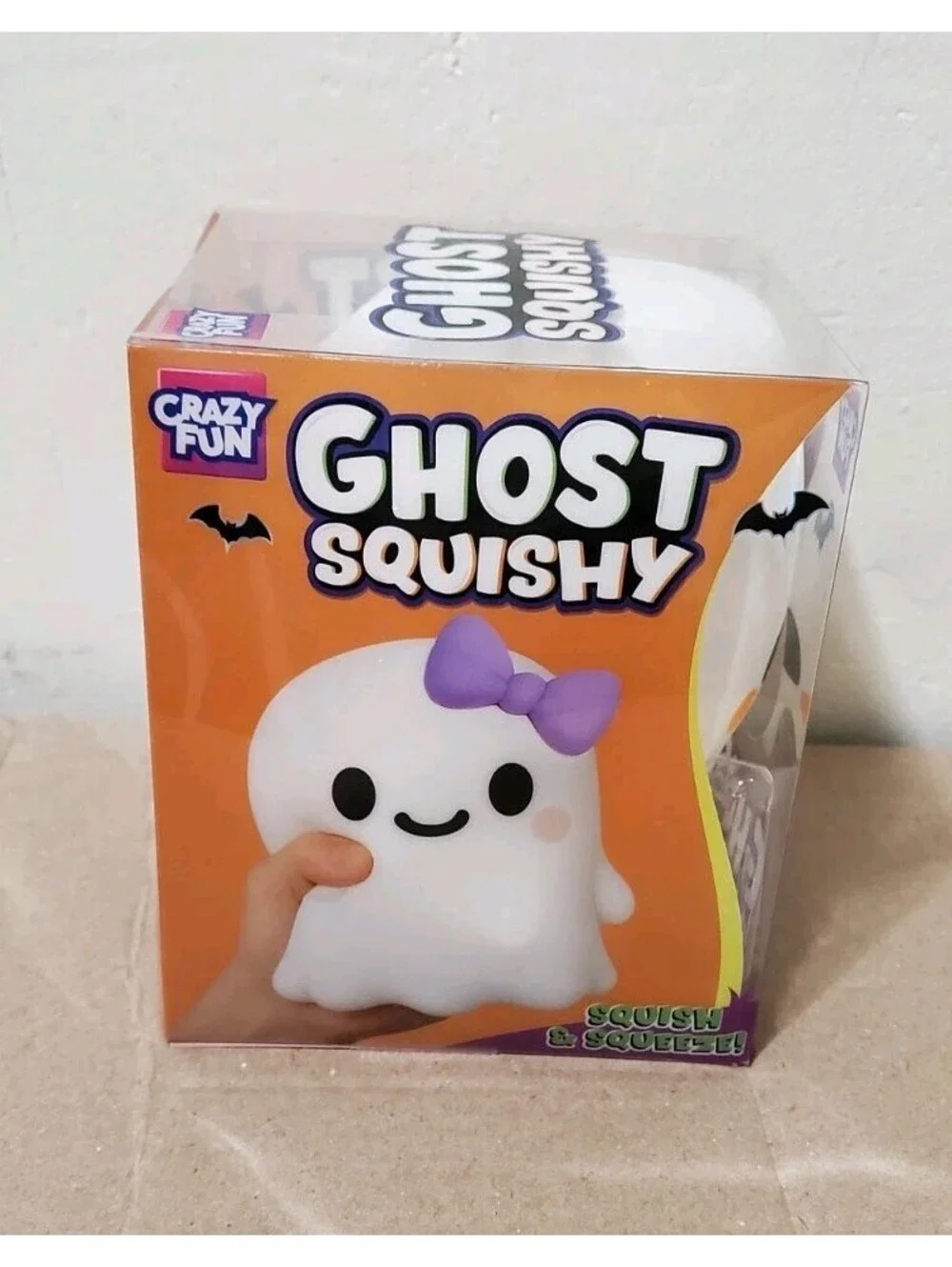 RMS Crazy Fun Ghost Squishy Halloween Sensory Squeeze Toy White Purple Bow NWT